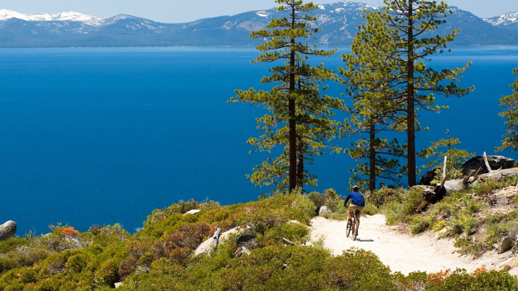 biker alongside flume trail next to Lake Tahoe